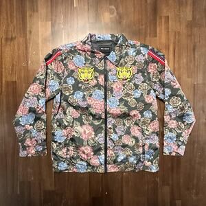 Reason Brand Jacket Mens XL Green Floral Tiger Embroidered Windbreaker Coach Zip